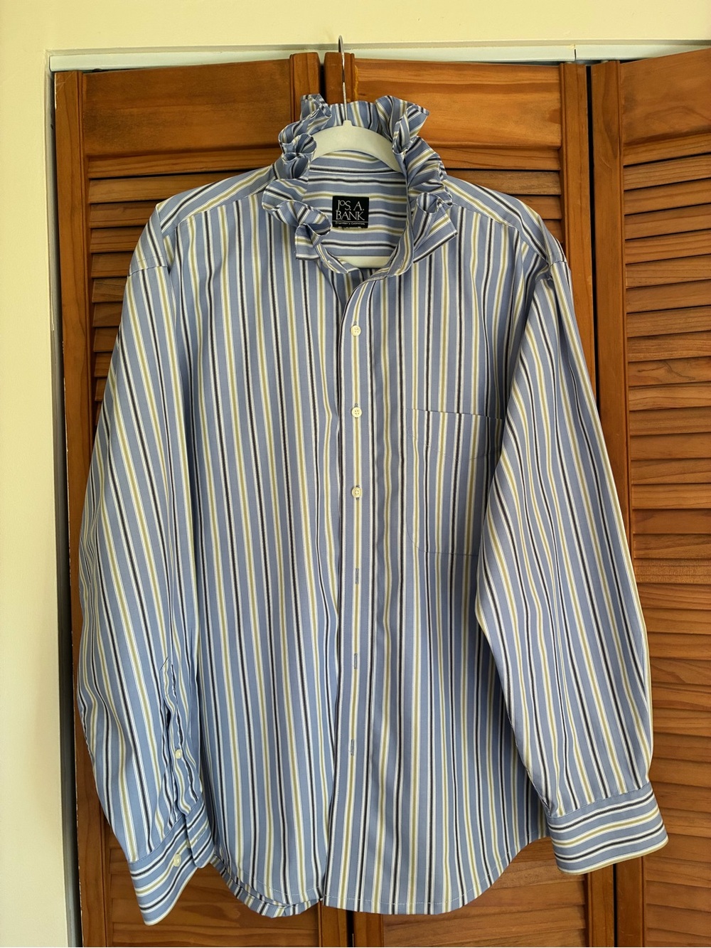 Jos. A. Bank Blue, White & Yellow Striped Button-Front Shirt ruffle collar - Picture 5 of 6